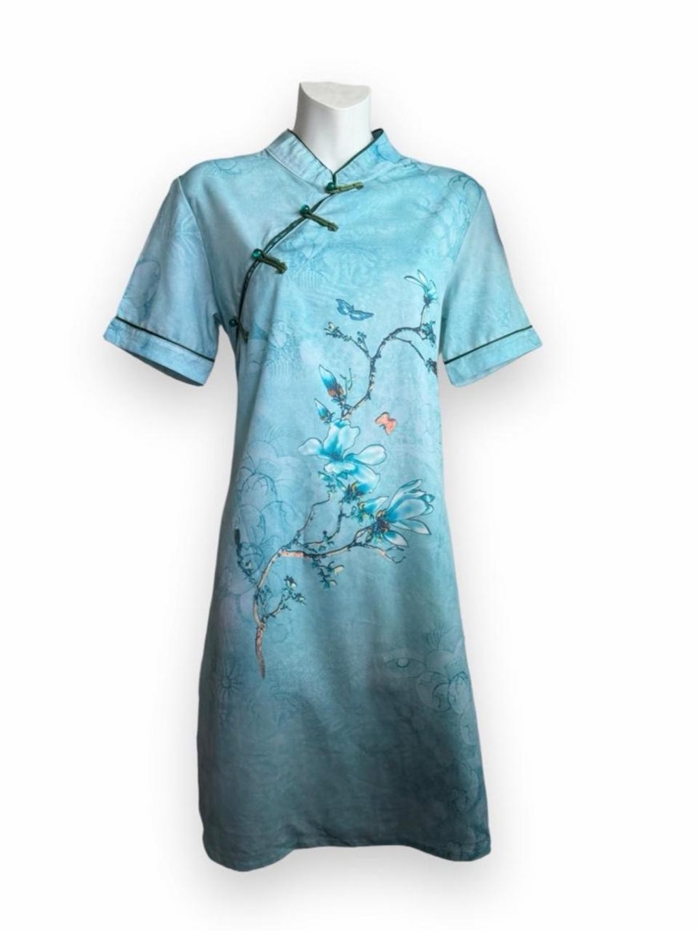 Aqua Floral Mandarin-Collar Midi Dress